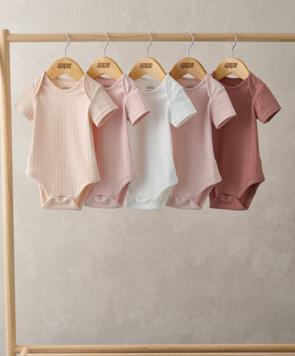 Ribbed Short-Sleeve Bodysuits (Set of 5)  - Pink