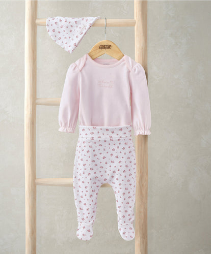 Mamas & Papas Outfits & Sets Frill Cuff Bodysuit, Leggings & Hat Set (3 Pieces) - Ditsy Rose Print