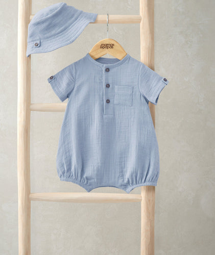 Mamas & Papas Outfits & Sets Woven Romper & Bucket Hat Set (2 Pieces) - Blue