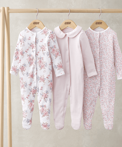 Mamas & Papas Sleepsuits Long Sleeve Sleepsuits (Pack of 3) - Watercolour & Ditsy Floral