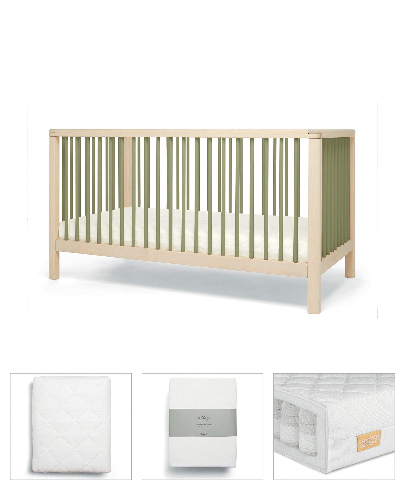 Solo Cotbed 4 Piece Starter Bundle Moss Green Natural Mamas Papas IE